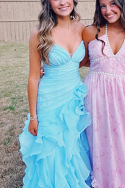 Blue V-Neck Strapless Ruffles Sleeveless A-Line Dress with Slit