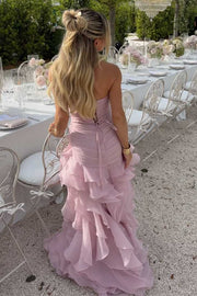 Blue V-Neck Strapless Ruffles Sleeveless A-Line Dress with Slit