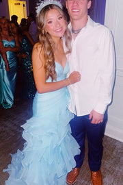 Blue V-Neck Strapless Ruffles Sleeveless A-Line Dress with Slit