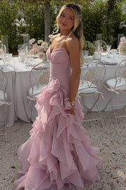 Blue V-Neck Strapless Ruffles Sleeveless A-Line Dress with Slit