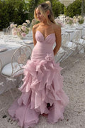 Blue V-Neck Strapless Ruffles Sleeveless A-Line Prom Dress, Slit