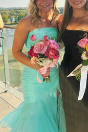 Strapless Mermaid Pleated Ruffles Sleeveless Prom Dress with Slit