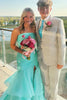 Strapless Mermaid Pleated Ruffles Sleeveless Satin Tulle Prom Dress, Slit