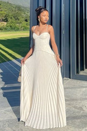 White Spaghetti Straps Pleated Sweetheart A-Line Prom Evening Dress