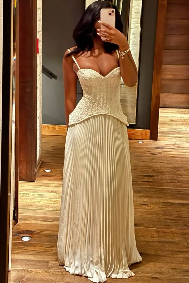 a line dress with pleats White Spaghetti Straps Pleated Sweetheart A-Line Prom Evening length prom dress Kid Size:11T 8th Grade Prom Dresses Toteme Turtle Neck Draped