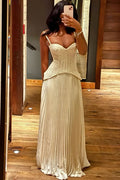 White Spaghetti Straps Pleated Sweetheart A-Line Prom Evening Dress