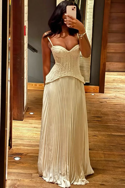 White Spaghetti Straps Pleated Sweetheart A-Line Prom Evening Dress