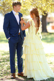 Yellow A-Line Straps V-Neck Ruffles Chiffon Empire-Waist Prom Dress with Slit