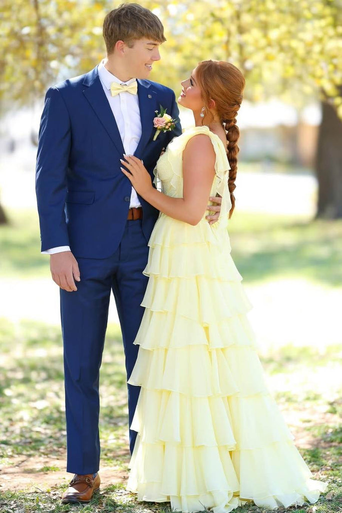 Yellow A-Line Straps V-Neck Ruffles Satin Chiffon Prom Dress, Slit - Princessly Yellow A-Line Straps V-Neck Ruffles Satin Chiffon Prom Dress, Slit - Princessly