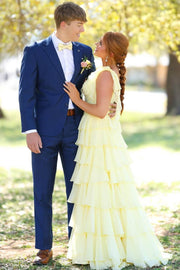 Yellow A-Line Straps V-Neck Ruffles Chiffon Empire-Waist Prom Dress with Slit