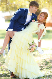 Yellow A-Line Straps V-Neck Ruffles Chiffon Empire-Waist Prom Dress with Slit