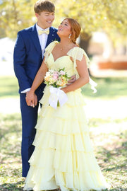 Yellow A-Line Straps V-Neck Ruffles Chiffon Empire-Waist Prom Dress with Slit