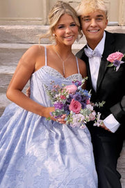 Spaghetti Straps A-Line Floral Empire-Waist Prom Dress with Beads