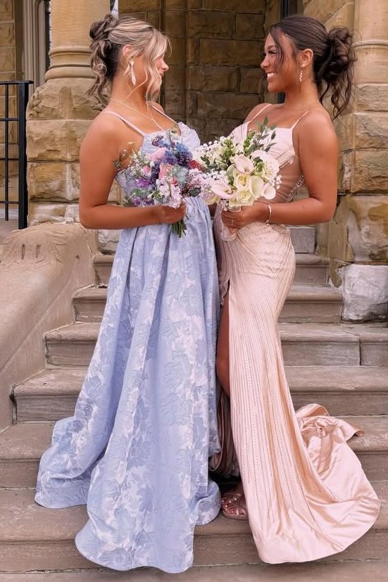 Spaghetti Straps A-Line Floral Satin Beaded Formal Prom Dress - Princessly Spaghetti Straps A-Line Floral Satin Beaded Formal Prom Dress - Princessly