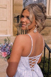 Spaghetti Straps A-Line Floral Empire-Waist Prom Dress with Beads