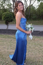 Blue Strapless V-Neck Appliques Pleats Fitted Long Prom Dress