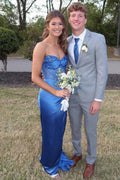 Blue Strapless V-Neck Lace Satin Pleats Fitted Long Prom Dress