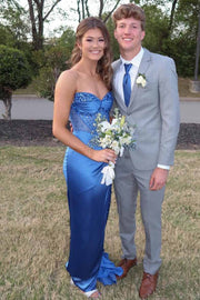Blue Strapless V-Neck Appliques Pleats Fitted Long Prom Dress