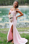 Off-Shoulder Pink Pleats Lace Satin Sleeveless Prom Dress with Slit