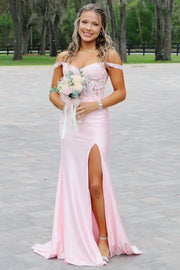 Off-Shoulder Pink Pleats Lace Appliques Sleeveless Prom Dress with Slit