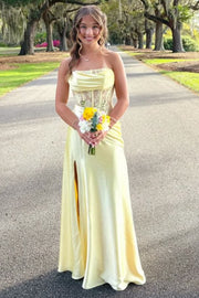 Yellow Strapless Appliques Sleeveless Side Slit Pleats Long Prom Dress