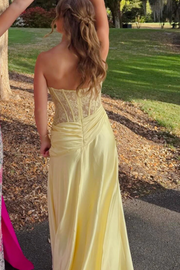 Yellow Strapless Appliques Sleeveless Side Slit Pleats Long Prom Dress