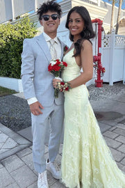 Yellow Spaghetti Straps Lace Appliques V-Neck Prom Dress with Train