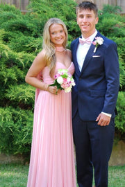 Pink A-Line Sweetheart Empire-Waist Pleated Strapless Chiffon Prom Dress