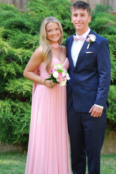 Pink A-Line Sweetheart Empire-Waist Pleated Strapless Chiffon Prom Dress