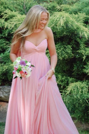 Pink A-Line Sweetheart Empire-Waist Pleated Strapless Chiffon Prom Dress