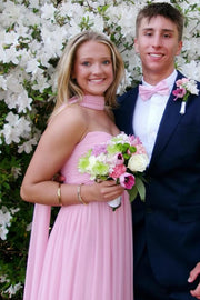 Pink A-Line Sweetheart Empire-Waist Pleated Strapless Chiffon Prom Dress