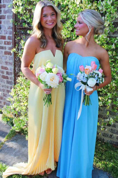 Yellow A-Line Strapless Pleated Empire-Waist Sleeveless Long Prom Dress