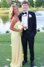 Yellow A-Line Strapless Pleated Empire-Waist Sleeveless Long Prom Dress