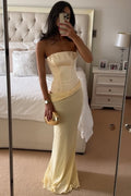 Sheath Yellow Satin Chiffon Strapless Pleats Maxi Prom Party Dress
