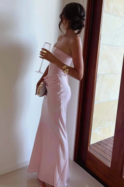 Strapless Pleats Satin Sleeveless Fitted Long Formal Prom Dress