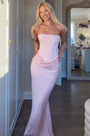 Strapless Pleats Satin Sleeveless Fitted Long Formal Prom Dress