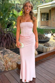 Strapless Pleats Satin Sleeveless Fitted Long Formal Prom Dress