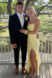 Yellow Strapless Satin Sleeveless Formal Prom Dress with Slit