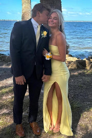 Yellow Strapless Satin Sleeveless Formal Prom Dress with Slit