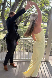 Yellow Strapless Satin Sleeveless Formal Prom Dress with Slit