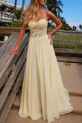 A-Line Strapless Sweetheart Yellow Lace Chiffon Chiffon Prom Dress