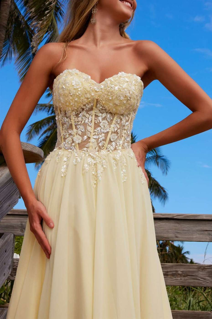 A-Line Strapless Sweetheart Yellow Lace Chiffon Chiffon Prom Dress