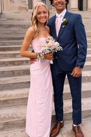 Pink Strapless Pleats Scoop Neck Satin Long Prom Dress with Slit