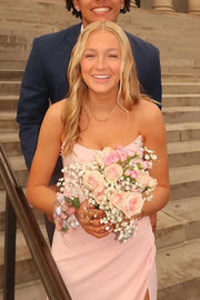 Pink Strapless Pleats Scoop Neck Satin Long Prom Dress with Slit