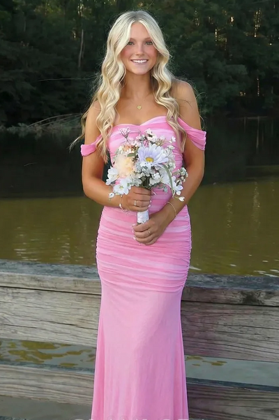 Off-Shoulder Sweetheart Pleated Fitted Long Prom Dress