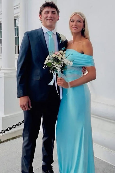 Blue Off-Shoulder Pleats Satin Fitted Long Party Dress