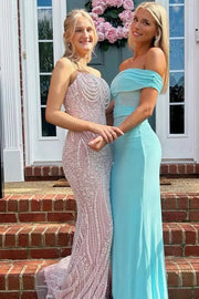 Blue Off-Shoulder Pleats Satin Fitted Long Party Dress