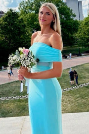 Blue Off-Shoulder Pleats Satin Fitted Long Party Dress