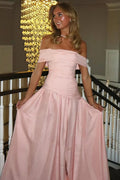 Pink Off-Shoulder A-Line Pleats Asymmetrical Waist Satin Prom Dress