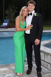 Green Double Straps Square Satin Formal Prom Dress with High Slit